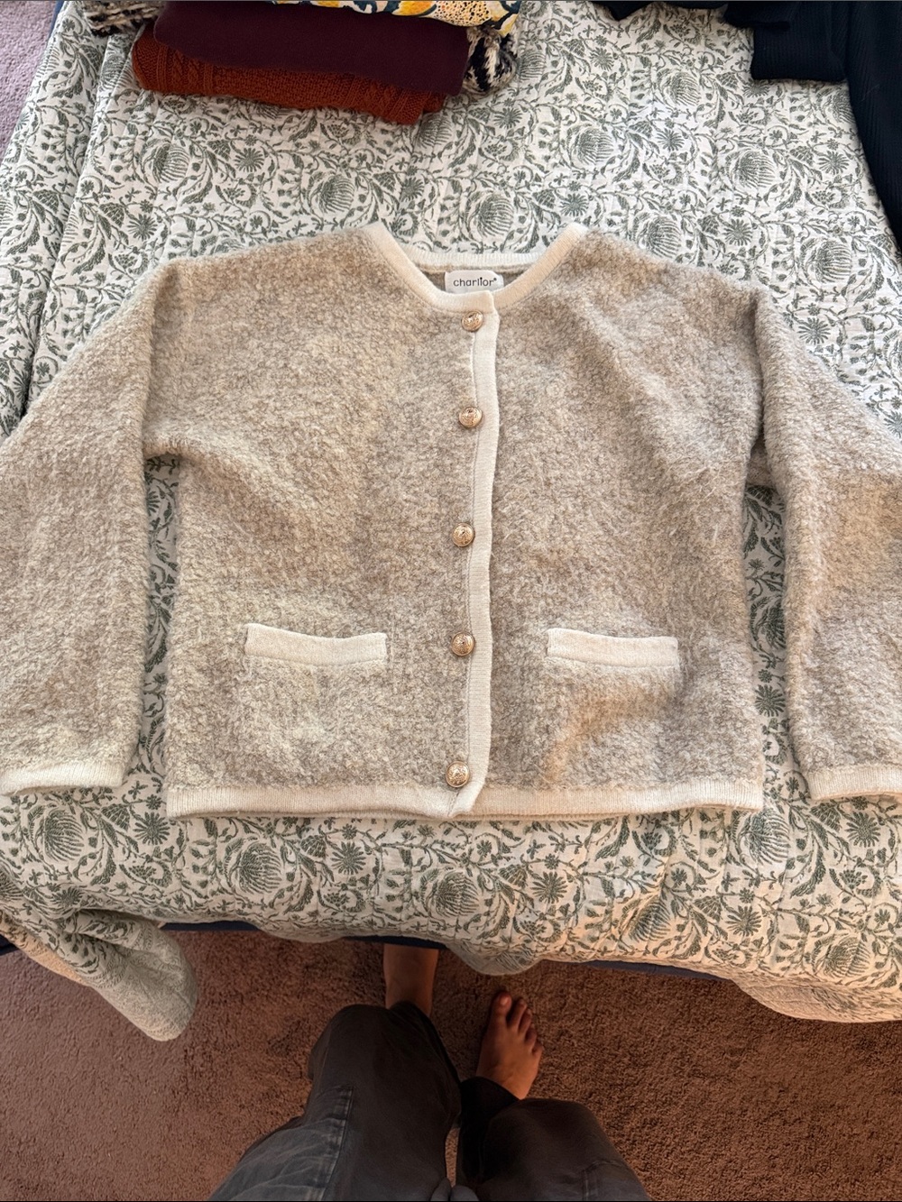 Charlier Cream Bouclé Cardigan with Gold Medallion Button